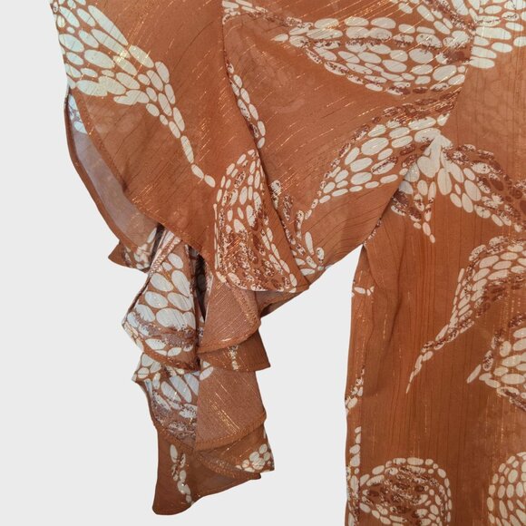 Vince Camuto Pintucked Ruffle Cuff Semi Sheer V-Neck Boho Blouse Orange Medium - Picture 5 of 12